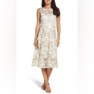 Adrianna Papell Women 3D Floral Midi Dress Ivory/ Gold/White size 14